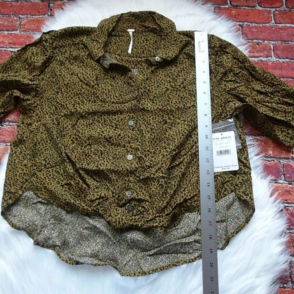 NWT Free People Celia Top Leopard Print Tie-Front Puff Sleeves Button Down XS
